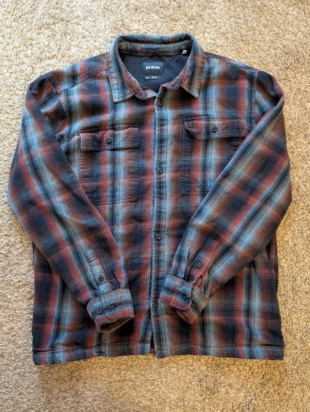 Prana Men's Plaid Shirt Jacket in Blue & Red Check Sz L Lined Mid weight